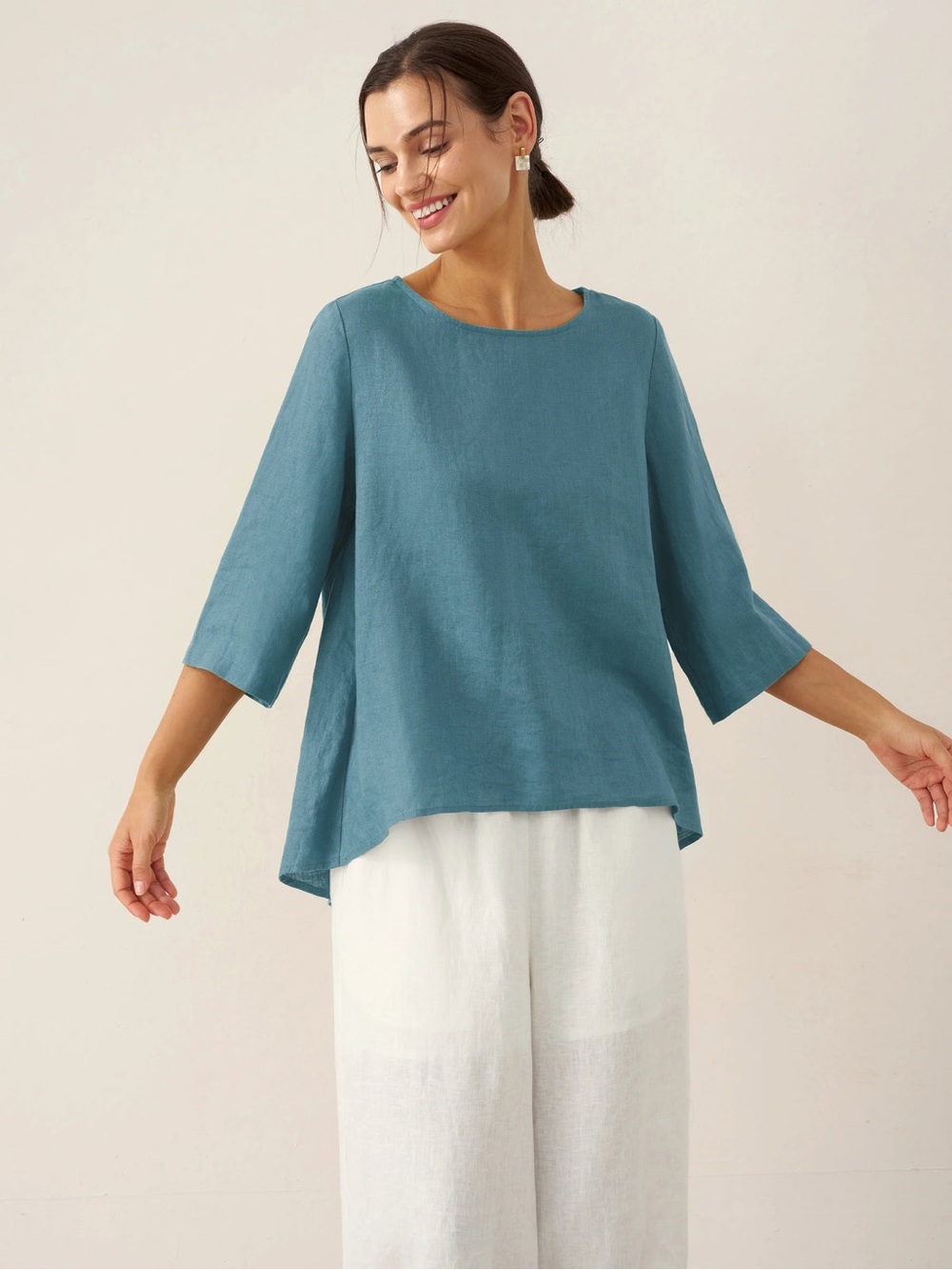 Lintico Relaxed Teal Linen Top - Casual 3/4 Sleeve